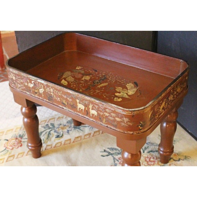 Mid-late 19th century Chinese or Korean burnt red lacquer gallery tray now on custom stand. The tray effusively inlaid in...