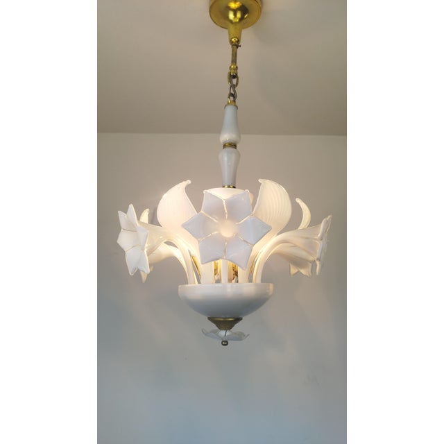 1970s Vintage Italian White Murano Styled Calla Lilly Chandelier Brass Lighting 1970s For Sale - Image 5 of 17