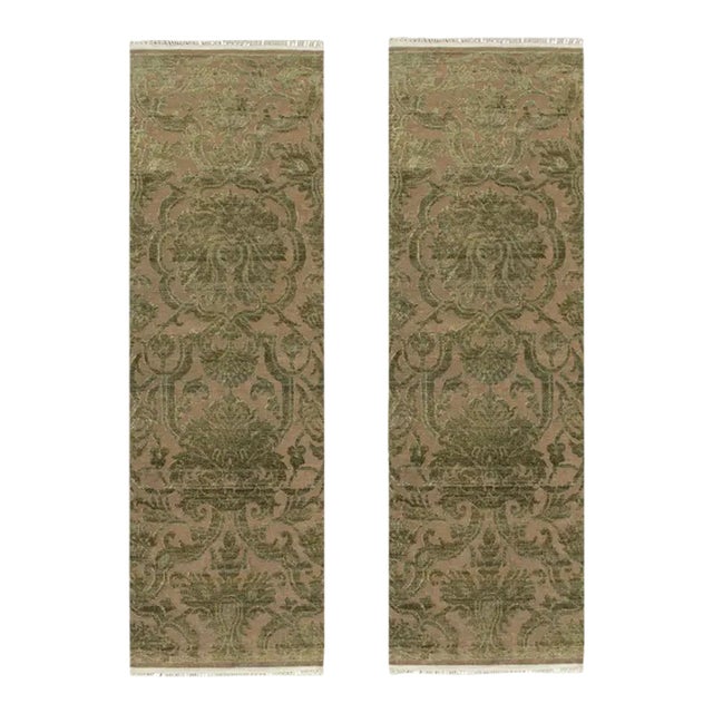 2010s Rug & Kilim’s European Style Twin Runners in Beige With Green Floral Patterns For Sale