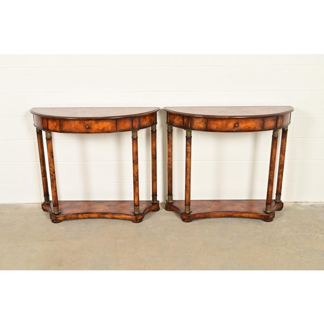 Maitland Smith Style French Empire Burl Wood and Gold Gilt Demilune Console Tables, Pair For Sale - Image 12 of 12