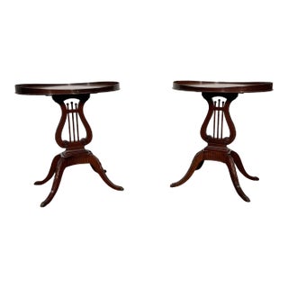 Mid 20th Century Lyre Base Oval Mahogany End Tables - a Pair For Sale