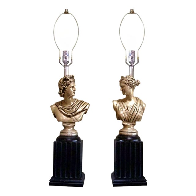 1950s Mid Century Modern High Style Hollywood Regency God & Goddess Pillar Table Lamps - a Pair For Sale