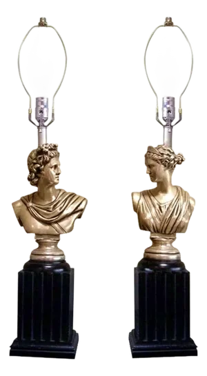 1950s Mid Century Modern High Style Hollywood Regency God & Goddess Pillar Table Lamps - a Pair