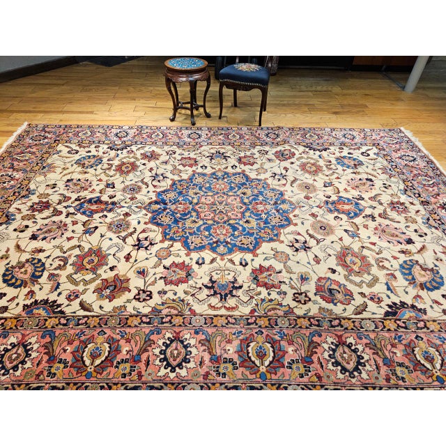 1900 - 1909 Vintage Persian Tabriz Rug, Hand-Knotted Wool, Palmettes & Sickle Leaves Pattern, Blue & Ivory, 8x12 For Sale - Image 5 of 15