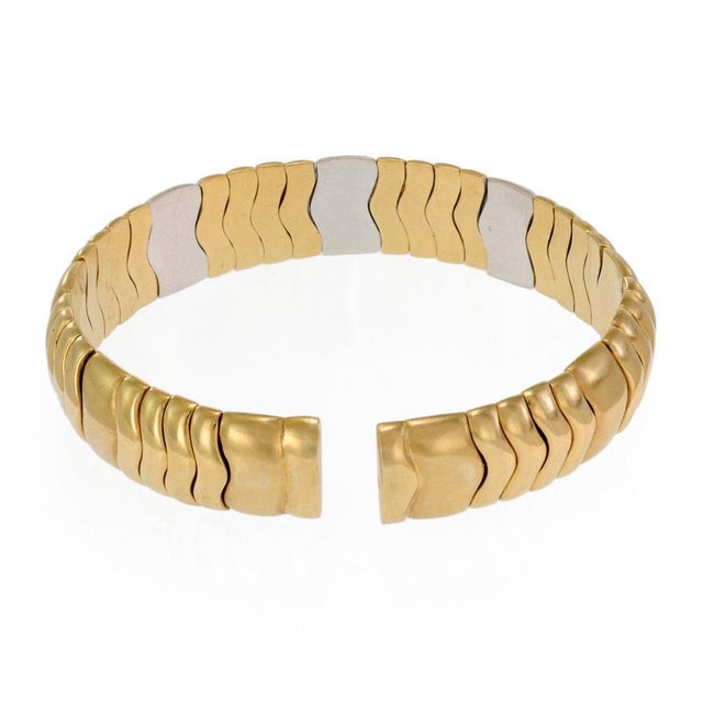 Spiga Style Bracelet Diamonds 18k Two Tone Gold 12mm Wide Cuff For Sale - Image 4 of 5