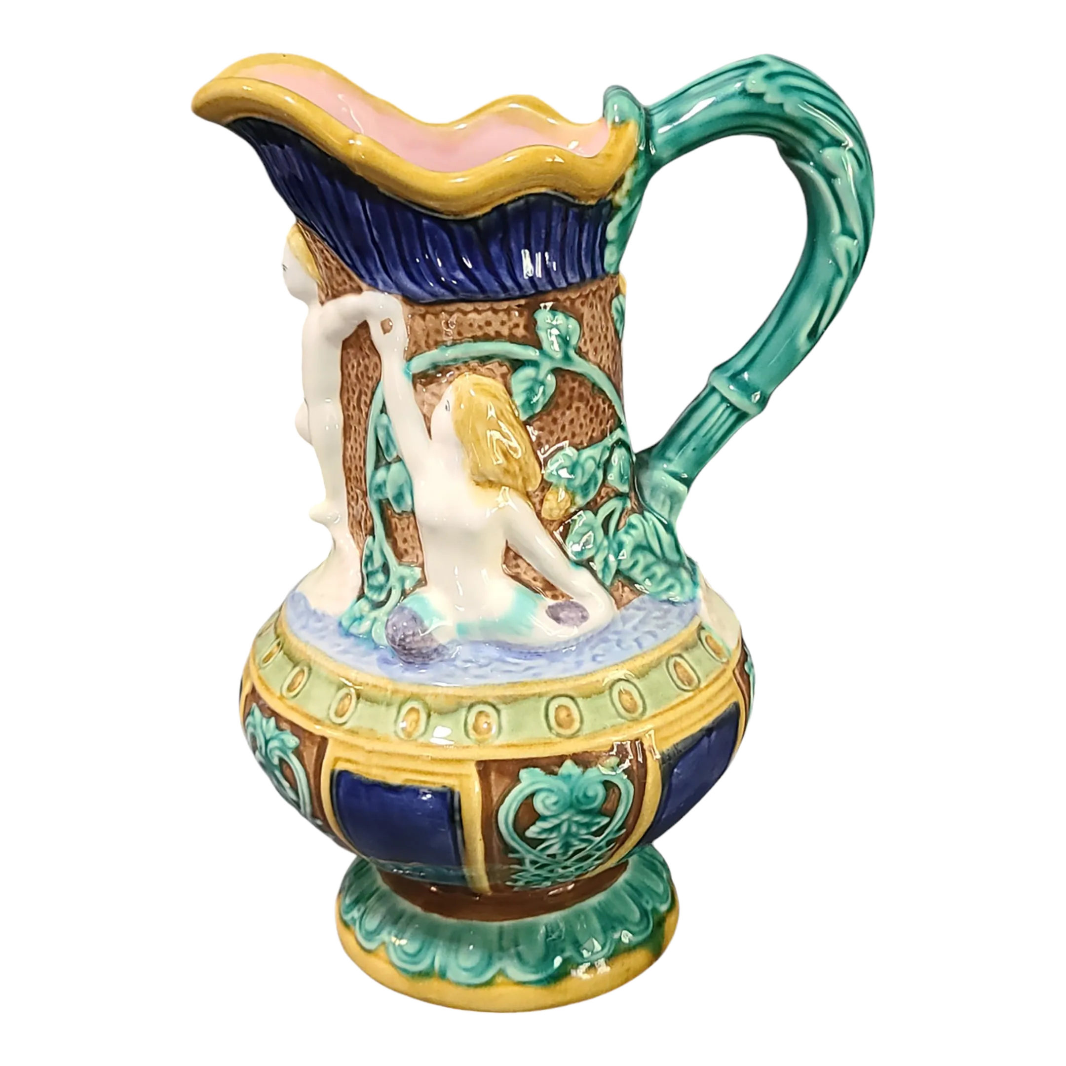 Vintage Majolica Figural Mermaid Pitcher Ewer Hand Painted Made