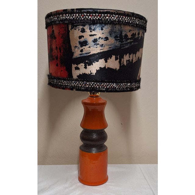Vintage Table Lamp with Orange-Brown Ceramic Base and Fabric Shade from Lamplove, 1970s, in Very Good conditions. Designed...