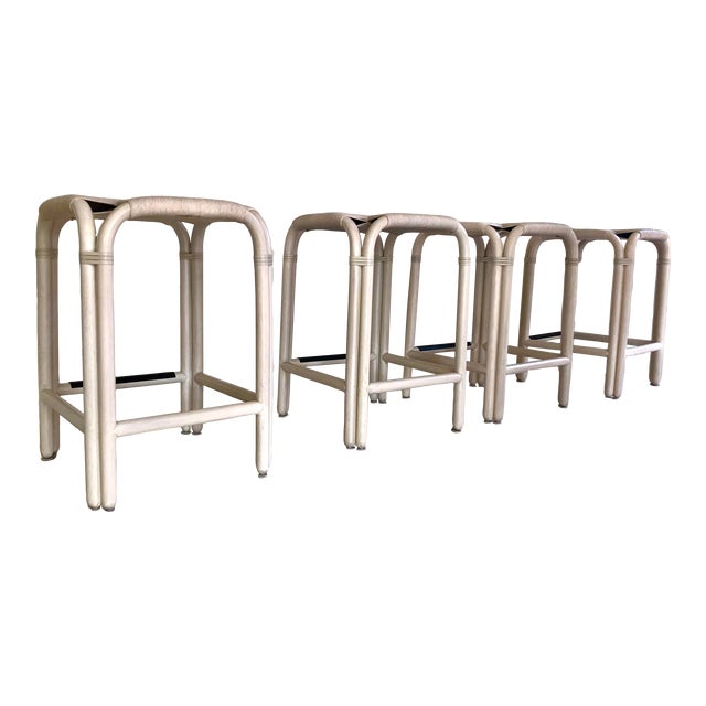 McGuire Furniture Nicole Hollis Rollick Rattan Modern Coastal Woven Counter Stools Set of 4 For Sale