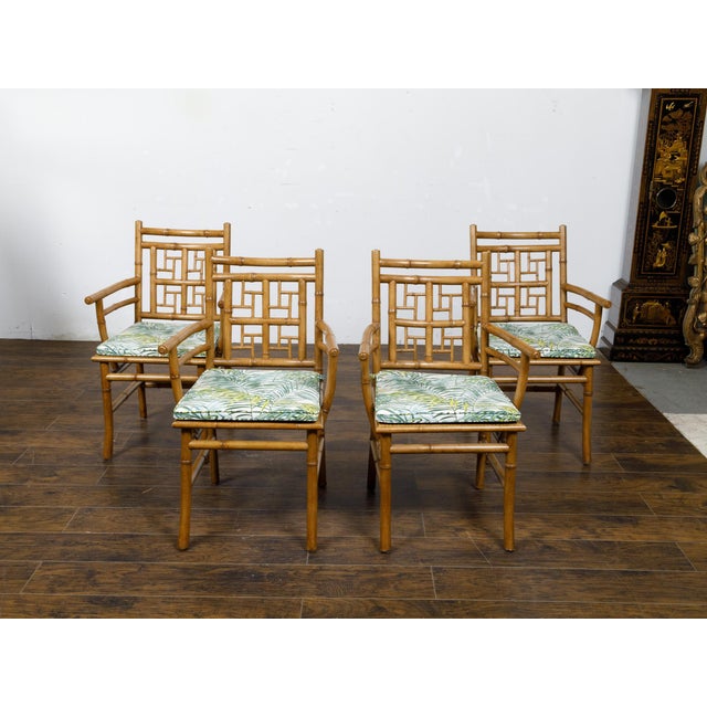 Mid 20th Century Set of Four Midcentury English Faux Bamboo Armchairs with Thin Cushions For Sale - Image 5 of 12