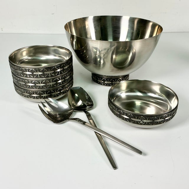 Vintage Home is pleased to offer this stunning Gustivian Swedish Danish Modern Stainless Steel 7 Piece Salad Serving Set....
