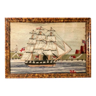 British Sailor's Woolwork of Royal Navy Ship Off Land, Signed & Dated Wr 1865 For Sale