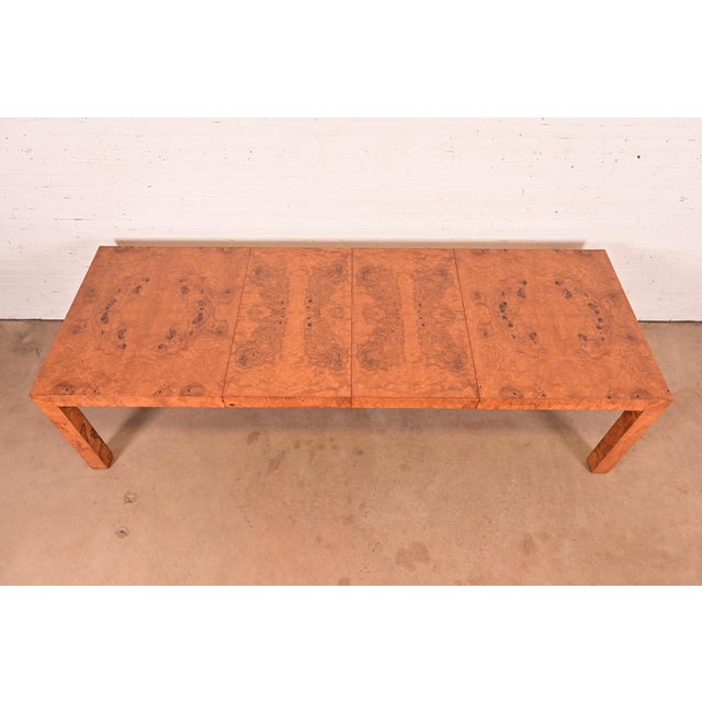 1970s Milo Baughman for Thayer Coggin Mid-Century Modern Burl Wood Parsons Extension Dining Table, Newly Refinished For Sale - Image 5 of 15