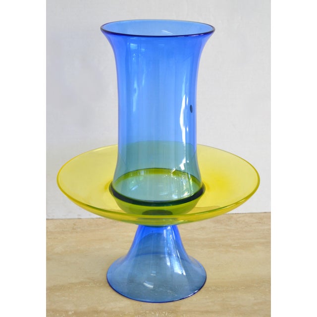 1960s Seguso Italy Blue & Yellow Murano Art Glass Vase For Sale - Image 9 of 9