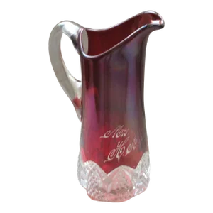 Antique Ruby Red Flash Etched Souvenir Pitcher With Applied Clear Glass Handle