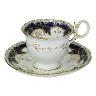 Early 19th Century Teacup Antique Cobalt Tea Leaf Fine Bone China Hand Panted Gold For Sale