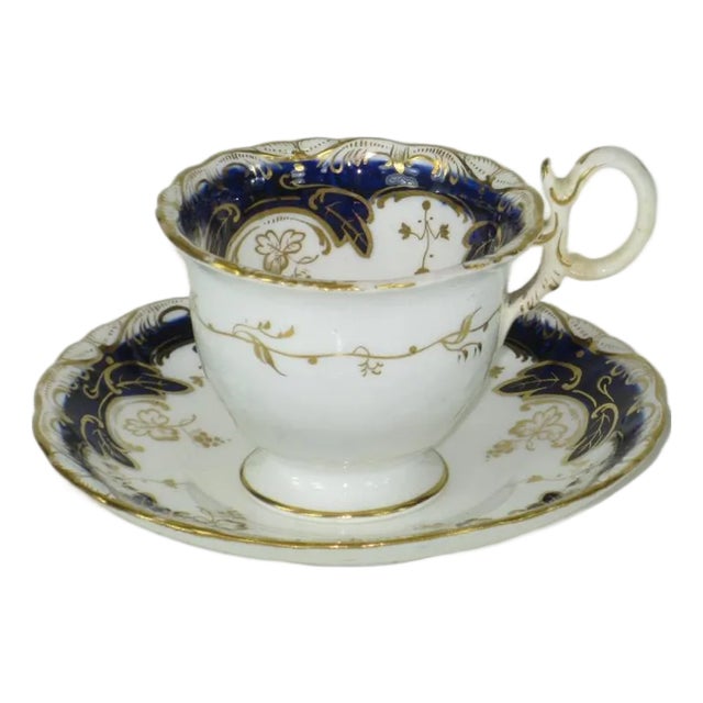 Early 19th Century Teacup Antique Cobalt Tea Leaf Fine Bone China Hand Panted Gold For Sale