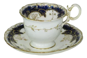 Early 19th Century Teacup Antique Cobalt Tea Leaf Fine Bone China Hand Panted Gold