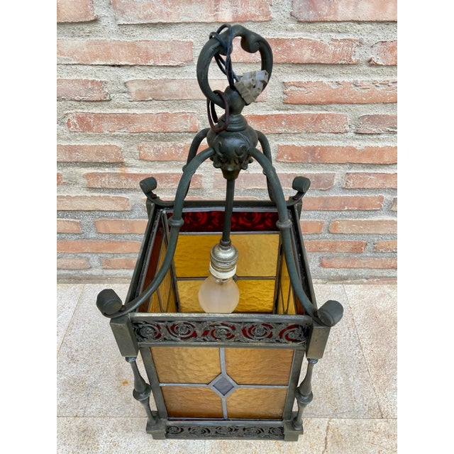 Mid 20th Century Wrought Iron and Stained Glass Ceiling Lantern Lamp, 1950s For Sale - Image 5 of 18