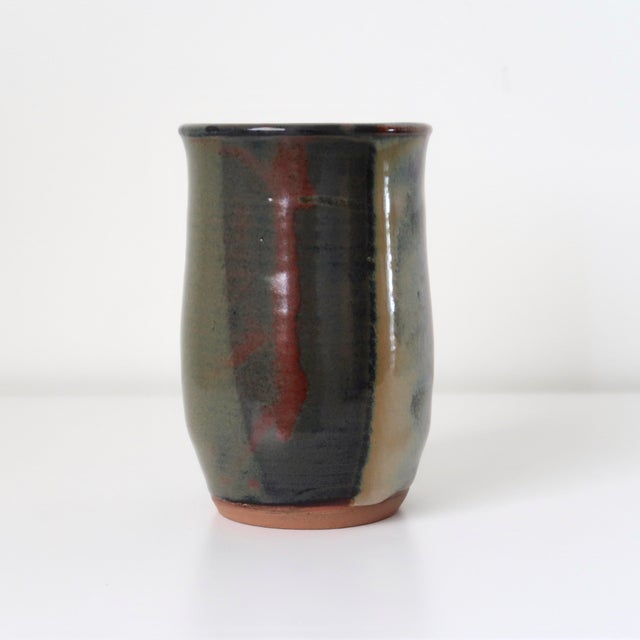2000 - 2009 Signed Handmade Ceramic Studio Pottery Tumbler Shaped Vessel With Abstract Brushwork & Variegated Glaze For Sale - Image 5 of 16