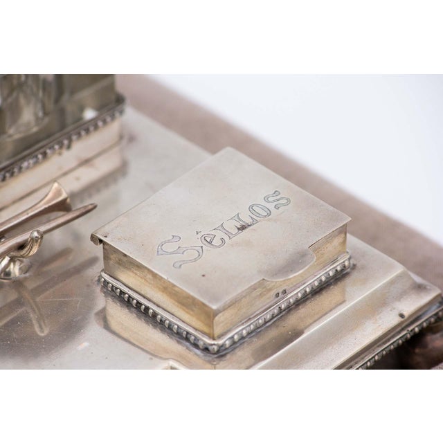 Silver Inkwell Embossed with Acanthus Leaves, Glass Tanks and Monogram Card, Set of 4 For Sale - Image 5 of 8