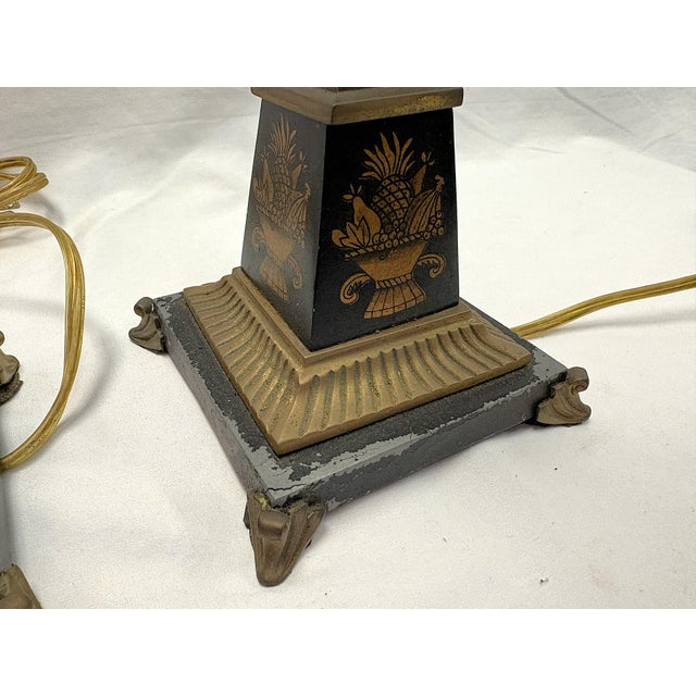 Vintage French Tole and Brass Candlestick Lamps With Pineapple Motif- A Pair For Sale - Image 11 of 18