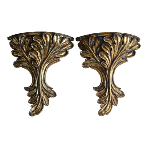 1980s Oversized Italian Style Gold Gilt Leaf Wall Shelf Accent Brackets- a Pair