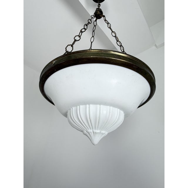 Art Deco brass and milk glass pendant lamp, 1940s E27 bulb. Glass intact, good condition. This type of chandelier, often...