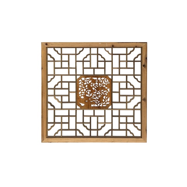 Asian Square Flower Birds Geometric Lattice Raw Wood Wall Plaque Panel For Sale - Image 3 of 8