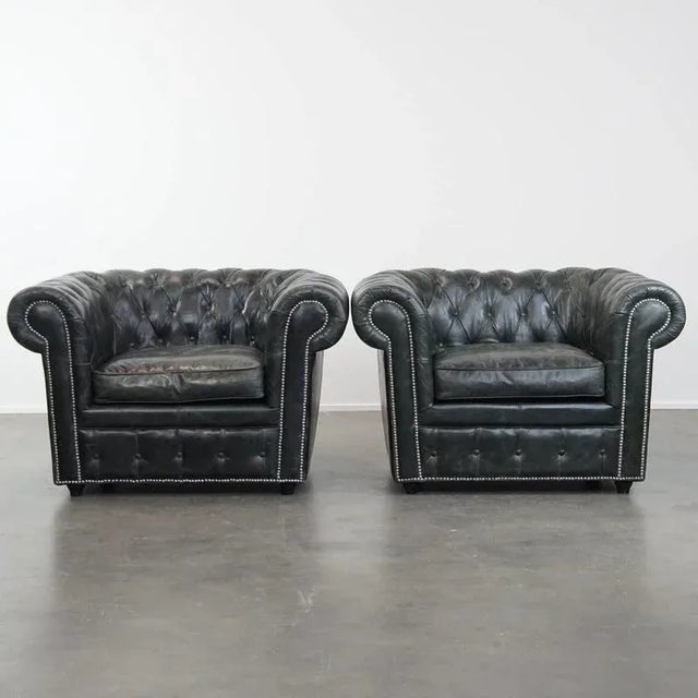 Black Grained Cowhide Chesterfield Armchairs, Set of 2 For Sale - Image 17 of 17