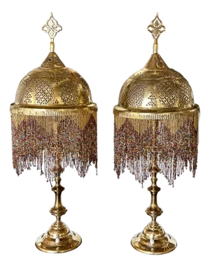 Pair of 1980s Etched Brass Bedside Tables Lamps With Glass Beads