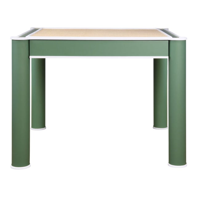 Matthew Izzo Home Jacky Square GrassclothTop, Round Leg, Two Drawer Game Table in Matte Green With Matte White Lacquer Edging For Sale