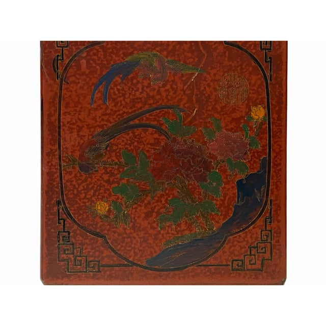 2010s Distressed Brick Red Flowers Graphic Rhombus Shape Wood Holder For Sale - Image 5 of 9