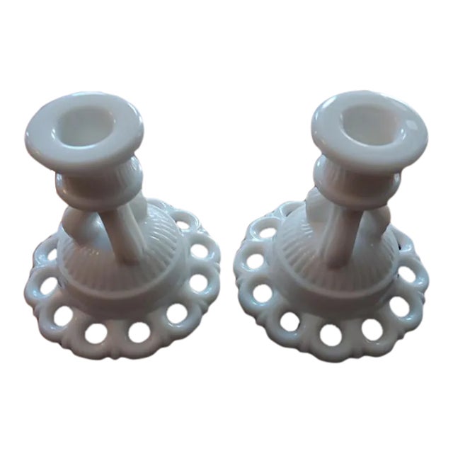 Vintage Fenton Milk Glass Pedestal Candle Holders- a Pair For Sale