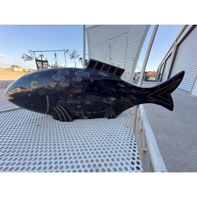 Maitland Smith Tessellated Horn And Abalone Fish Sculpture. Offered is a large Hollywood Regency tessellated horn, abalone...