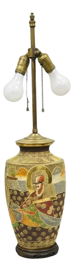 Vintage Japanese Oriental Porcelain Satsuma Vase Gold Gilt Figural Table Lamp