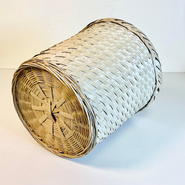 Mid-Century Boho Chic Coastal White Washed Almond Painted Wicker Wastebasket. For Sale - Image 11 of 11