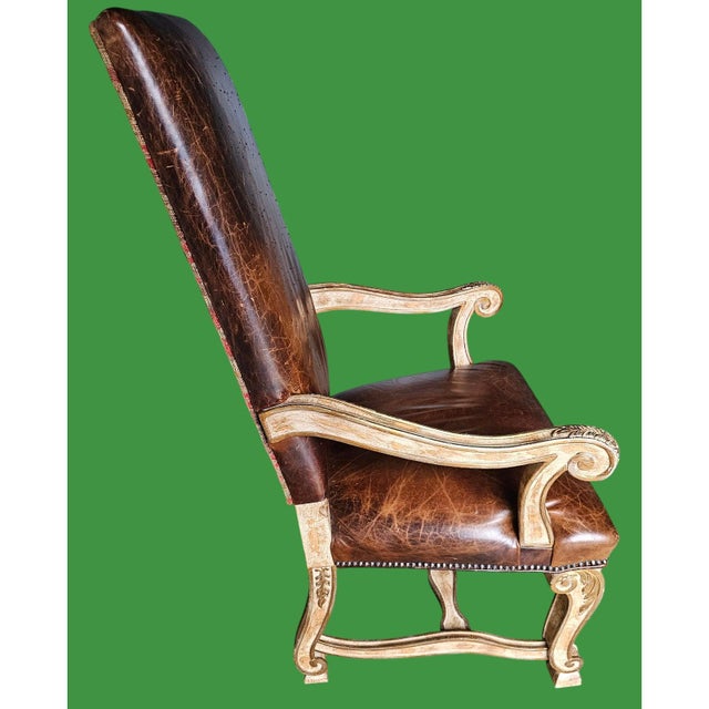Late 20th Century Pair of Leather High Back Baroque Throne Chairs For Sale In Washington DC - Image 6 of 9