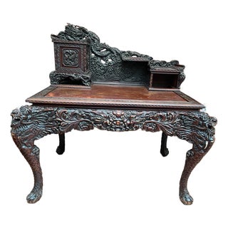 Early 20th Century Carved Wood Dragon Writing Desk With Fitted Cabinet and Shelves For Sale