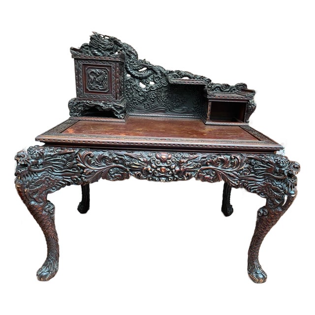 Early 20th Century Carved Wood Dragon Writing Desk With Fitted Cabinet and Shelves For Sale
