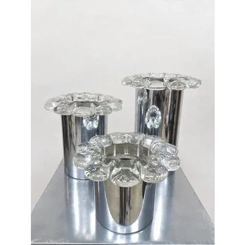 Vintage Chrome and Glass Flower Wall Sconces, 1970s, Set of 3 For Sale - Image 3 of 7