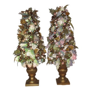 Vintage Christmas Gold, Green, Red Holly & Berry Topiary Trees For Sale