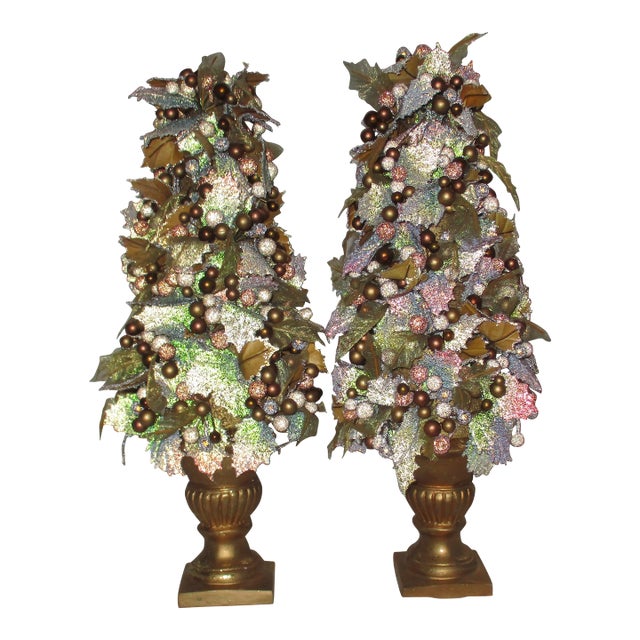 Vintage Christmas Gold, Green, Red Holly & Berry Topiary Trees For Sale