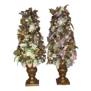 Vintage Christmas Gold, Green, Red Holly & Berry Topiary Trees