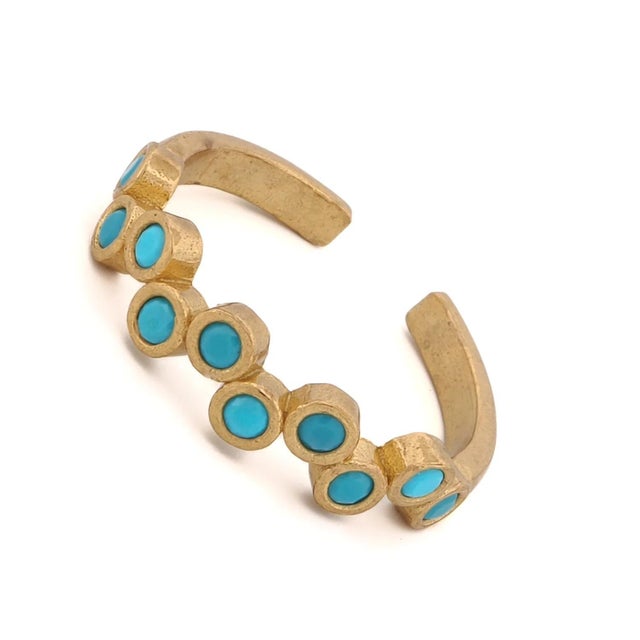 Contemporary Turquoise Stone & Gold Zig Zag Stackable Adjustable Ring, Size 4 For Sale - Image 3 of 6
