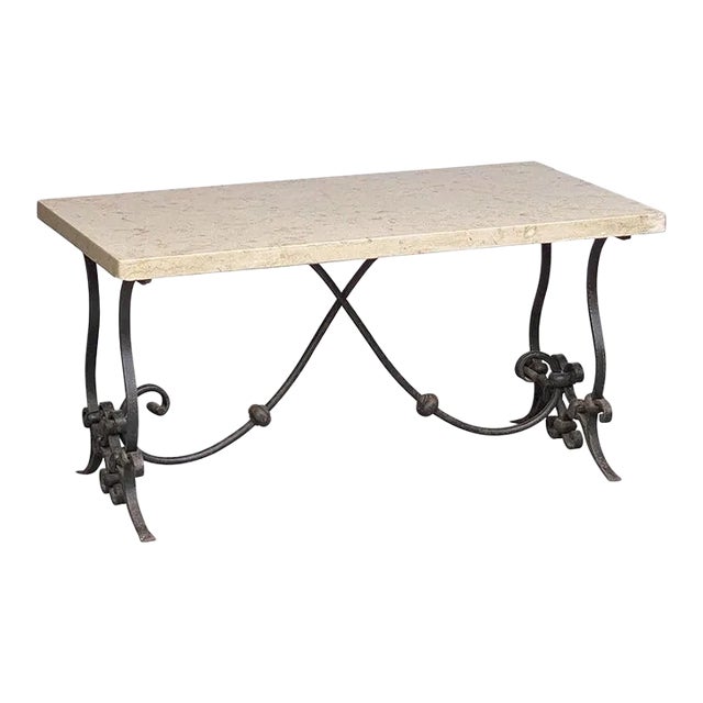 French Mid-Century Coffee or Low Table With Wrought Iron Base and Marble Top For Sale