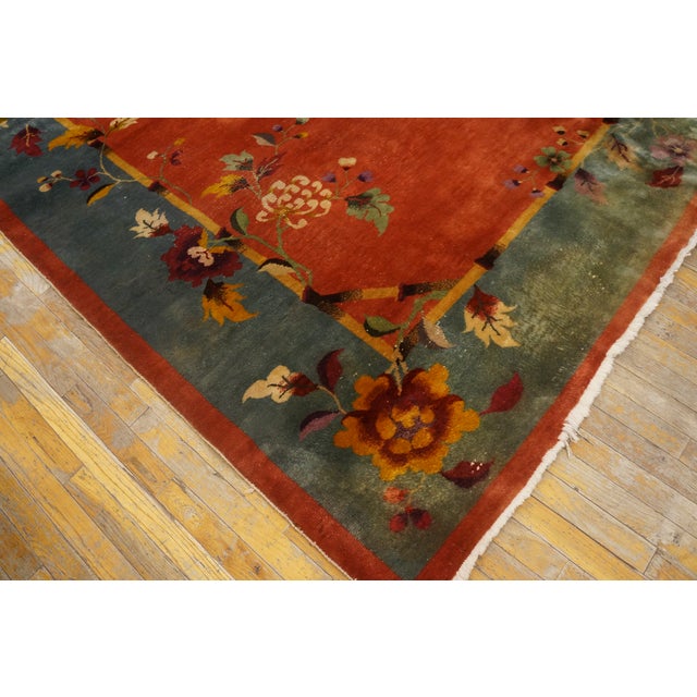1920s Burnt Orange Floral Antique Chinese Art Deco Carpet 8' 9" X 11' 3" Knotted Wool Rug For Sale - Image 9 of 12