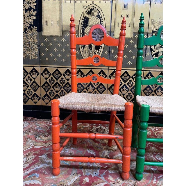 Wood Painted Straw Chairs, Set of 6 For Sale - Image 7 of 8