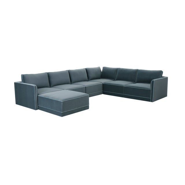 Willow Misty Blue with Pale Blue Piping Modular 7-Piece Performance Velvet Large Chaise Sectional For Sale In Los Angeles - Image 6 of 6