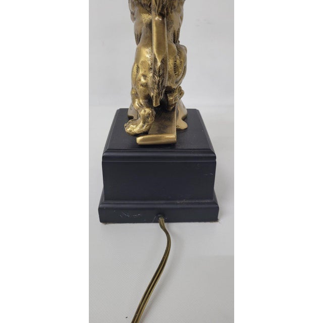 20th Century Brass-Tone Lion Table Lamp, Neoclassical Black Shade, 28.5 Inch For Sale - Image 6 of 18