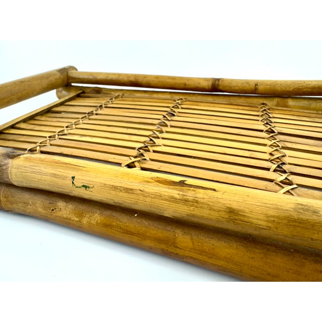 Vintage Mid Century Woven Bamboo Tray With Rustic Character For Sale In Little Rock - Image 6 of 13